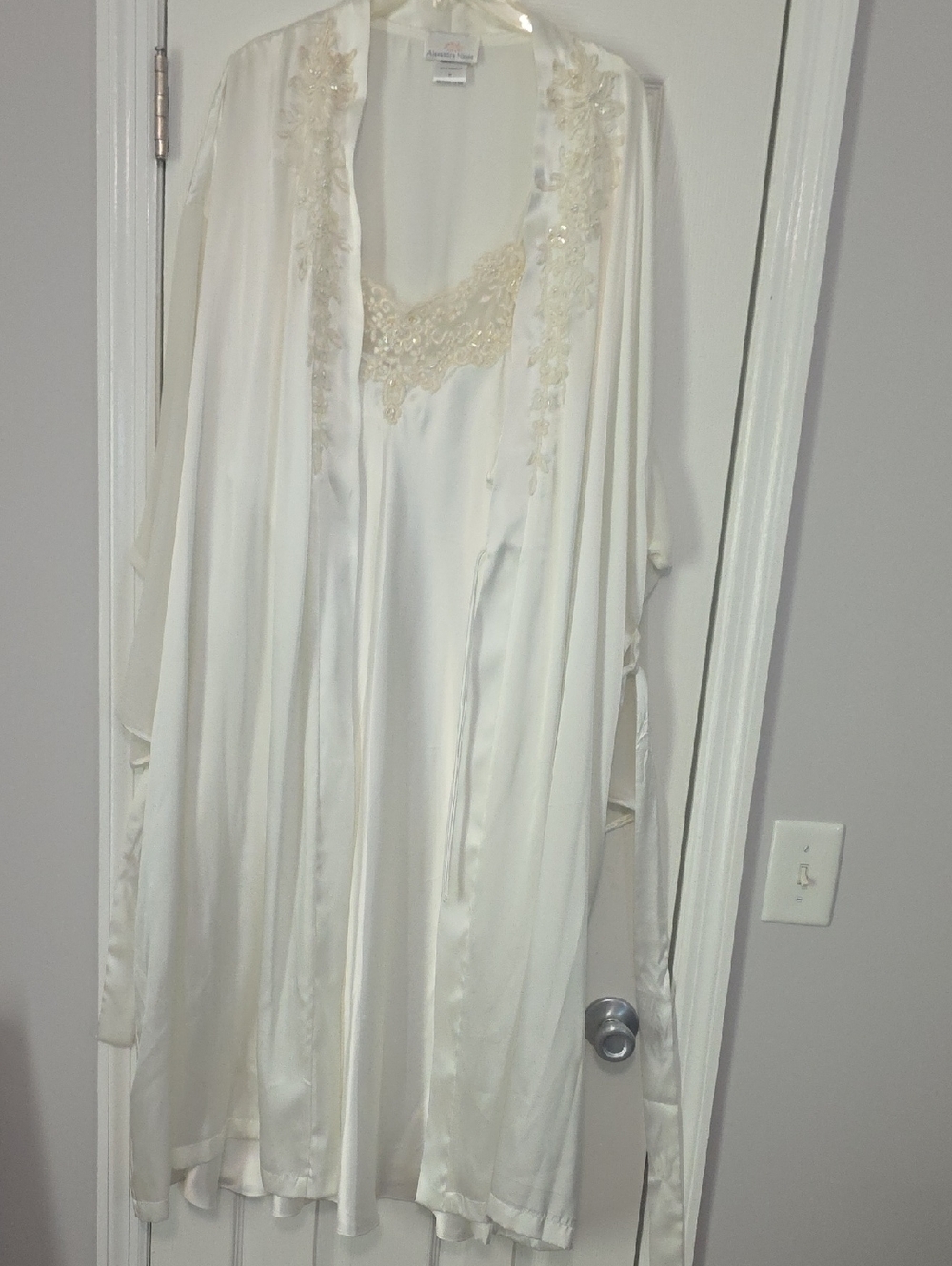Ivory Satin Lace-Trim Robe and Slip Set